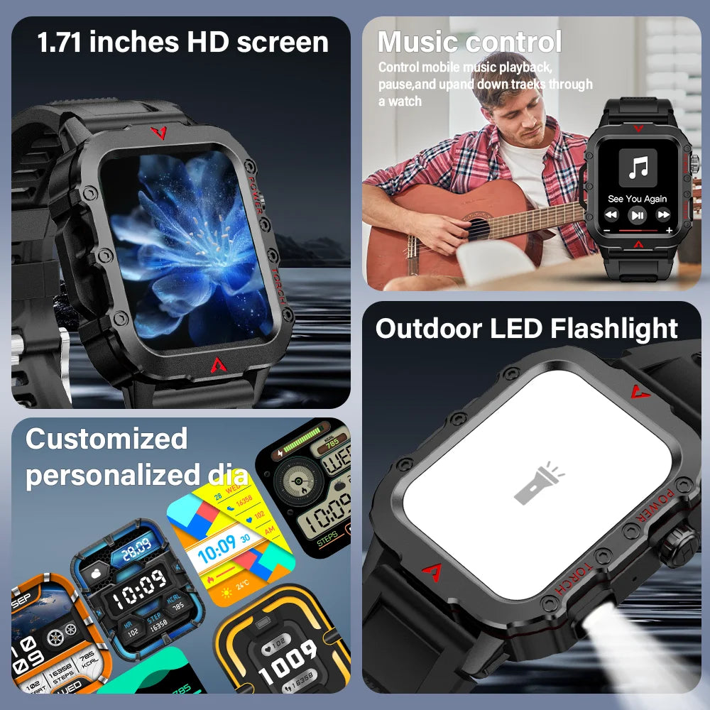 Explore the Ultimate Outdoor Companion: Men's Smart Watch with LED Flashlight and Health Monitoring Features