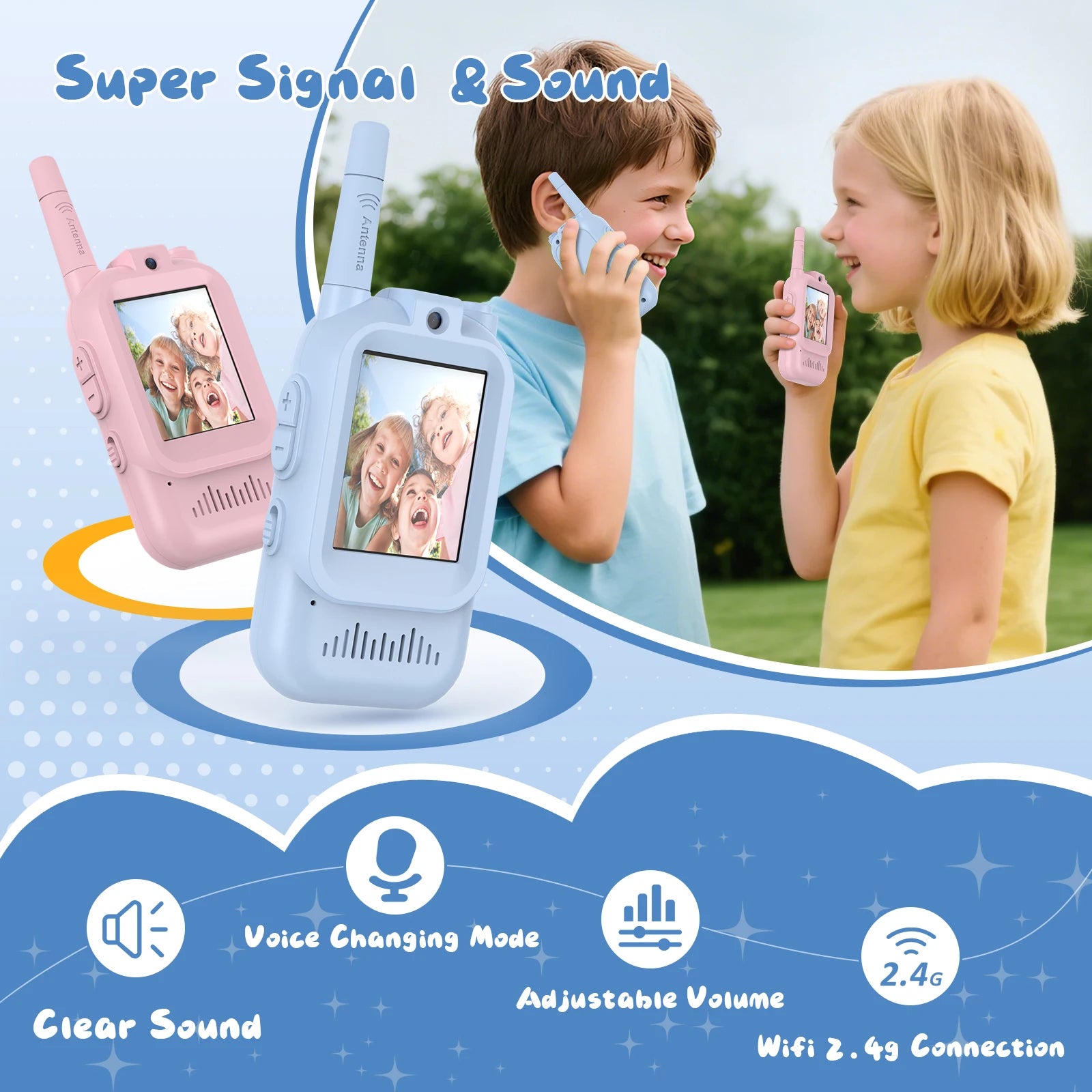 Kids Video Walkie Talkies – Video Call, 400m Range, Voice Changer, Rechargeable | Ages 3+