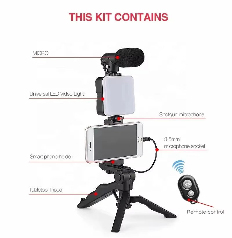 Ultimate Smartphone Vlogging Kit: Tripod, Mini Microphone & LED Light for Stunning TikTok & YouTube Videos