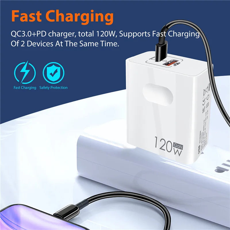 Experience Lightning-Fast Charging with Our 120W USB Type C PD Quick Charger - Perfect for iPhone, Xiaomi, Samsung, OnePlus, and Pixel Devices!